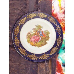 Limoges Cobalt Blue Band 22K Gold Plate Castel France Vintage 8.5"